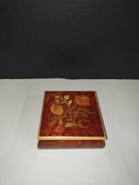 Vintage Wooden Floral Botanical Inlay Design Jewelry Trinket Box Decorative Deco